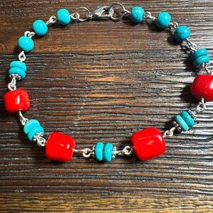 Handmade Red Coral and Blue Howlite Turquoise Beaded Bracelet